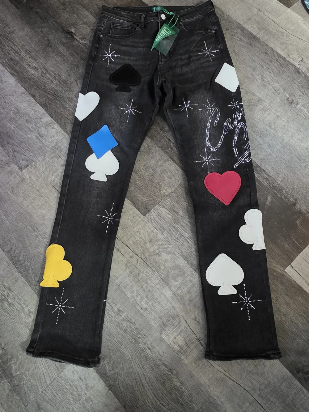 Men's Black Straight Jeans with Multicolor Card Suit Patches